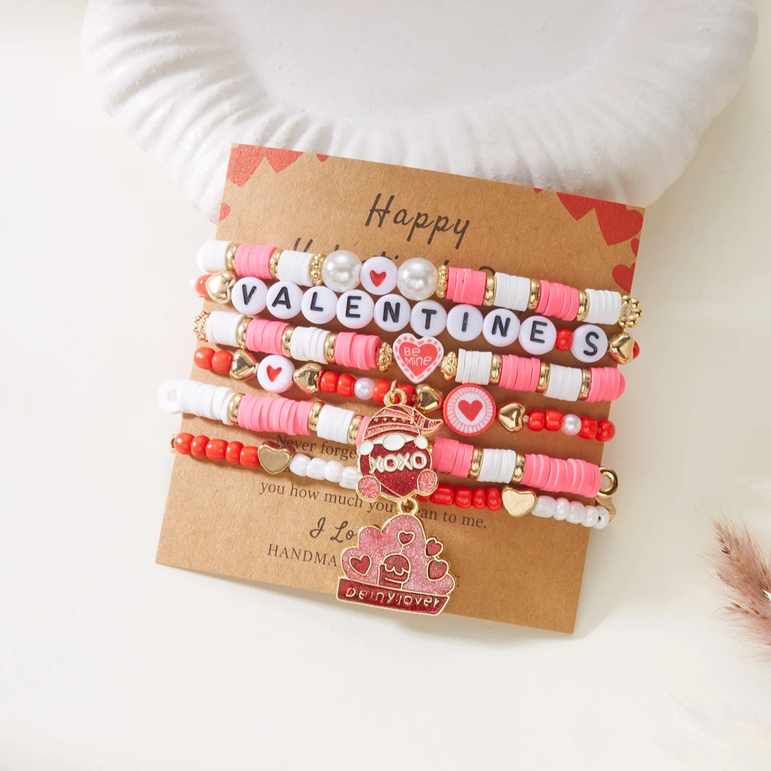 Modisches 6-teiliges Y2K Rosa Perlen Polymer Clay LOVE Herz Anhänger Armbänder Set für Frauen Geschenke für Liebhaber Valentinstag Schmuck – Detail 8