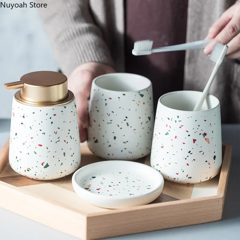 European Bathroom Decoration Set Terrazzo Ceramic Emulsion Bottle Gargle Cup Soap Dish Art Supplies