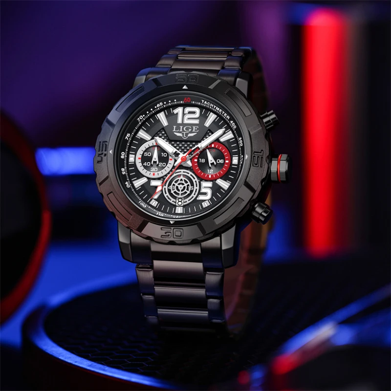 LIGE Luxury Men's Chronograph Quartz Watch with Gift Box