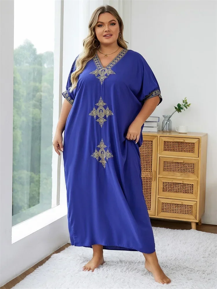 

EDOLYNSA Plus Size Hot Selling Dark Blue Embroidered Kaftan Women Beach Maxi Dress House Robe Beach Wear Caftan Outfits Q1373