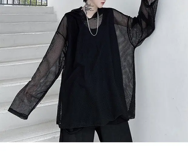 2024 Summer Dark Hollowed Out Mesh Hoodies T-shirt For Men Women Long Sleeves Loose Hooded Mesh Transparent Shirts