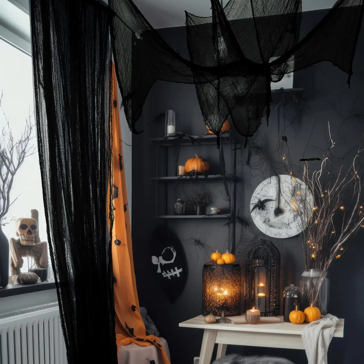 Halloween-Dekoration, gruselige Gaze, dehnbares Spinnennetz, Käsetuch für drinnen und draußen, Spukhaus, Garten, Veranda und Fensterdekoration – Detail 5