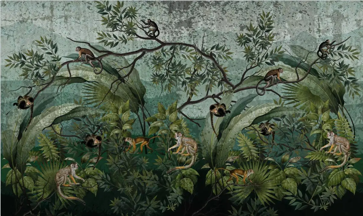 Description Picture 5 of itemCustom Ancient Tropical Jungle Animals monkey wallpaper living room Peacoark Palm Trees Forest wall paper 3D mural wall stickers