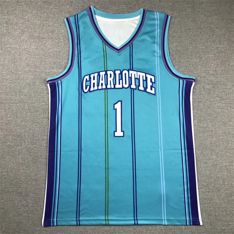 

Summer Men's Embroidered Basketball Jersey Charlotte No.1 Breathable Loose Hip Hop Street Sports Training Basketball Shirt