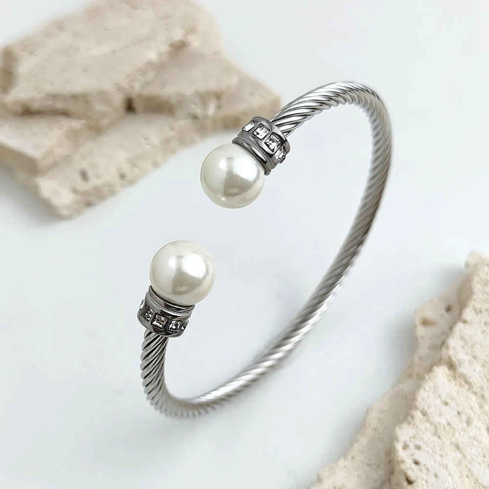 New style wire twisted pearl stainless steel gold plated 18K bracelet, high quality waterproof silver jewelry, couple gift 4