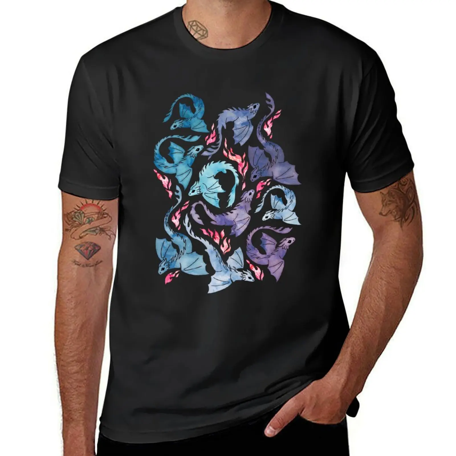 

Dragon fire dark turquoise and purple T-Shirt vintage clothes summer top cute tops anime Men's t-shirt
