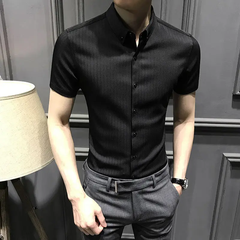 thumbnail image 1 of Camisas y blusas musculosas para hombre, camisetas negras a rayas de manga corta para hombre con cuello, estéticas, normales, elegantes, de algodón y seda, 1 of 5