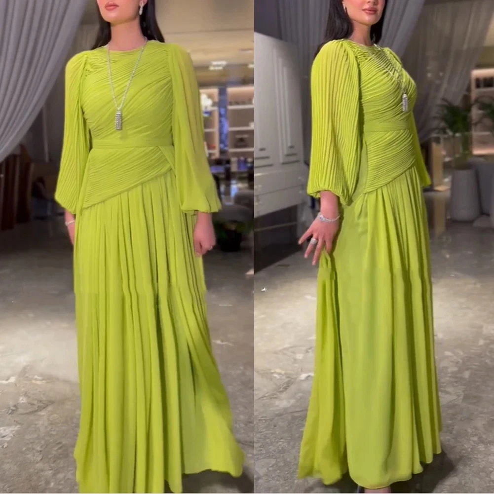 

Flora Dress Chiffon A-Line Round Neck Sheath Muslim Evening Dresses Long Sleeves Pleated Formal Party Prom Gown for Women