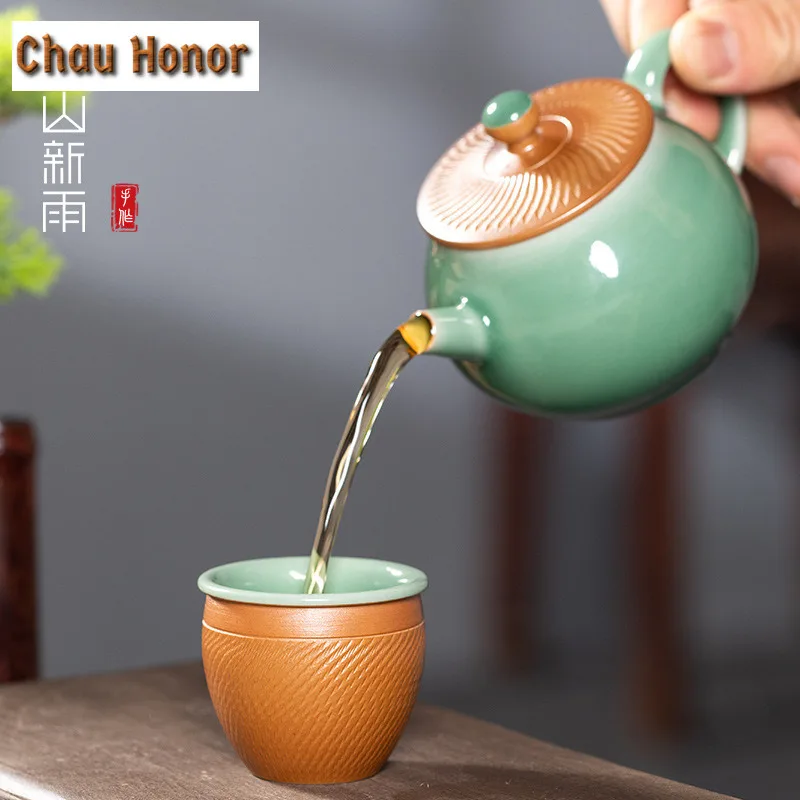Handmade Knife Jumping Longquan Celadon Tea Set Complete Set Creative Tea Ceremony Set Teapot and Tea Cup Set Teaset Collection