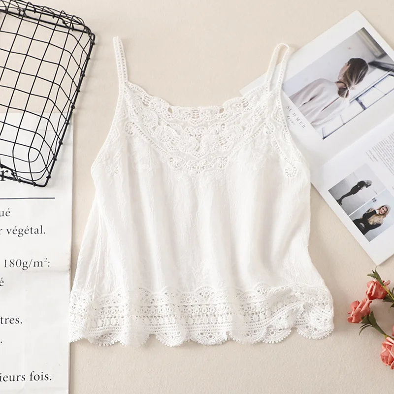 Summer New Style Artistic Cotton Linen Vest Women's Retro Outdoor Wear Holiday Strap Base Embroidered Lace Trim Inner Wear Top