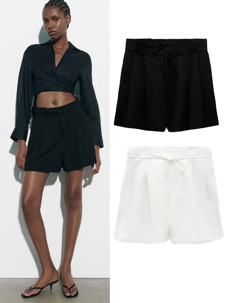 

2023 Summer New Women's Clothes High Quality Versatile Belt with Adjustable Bow Linen Blend Casual High Waist Shorts