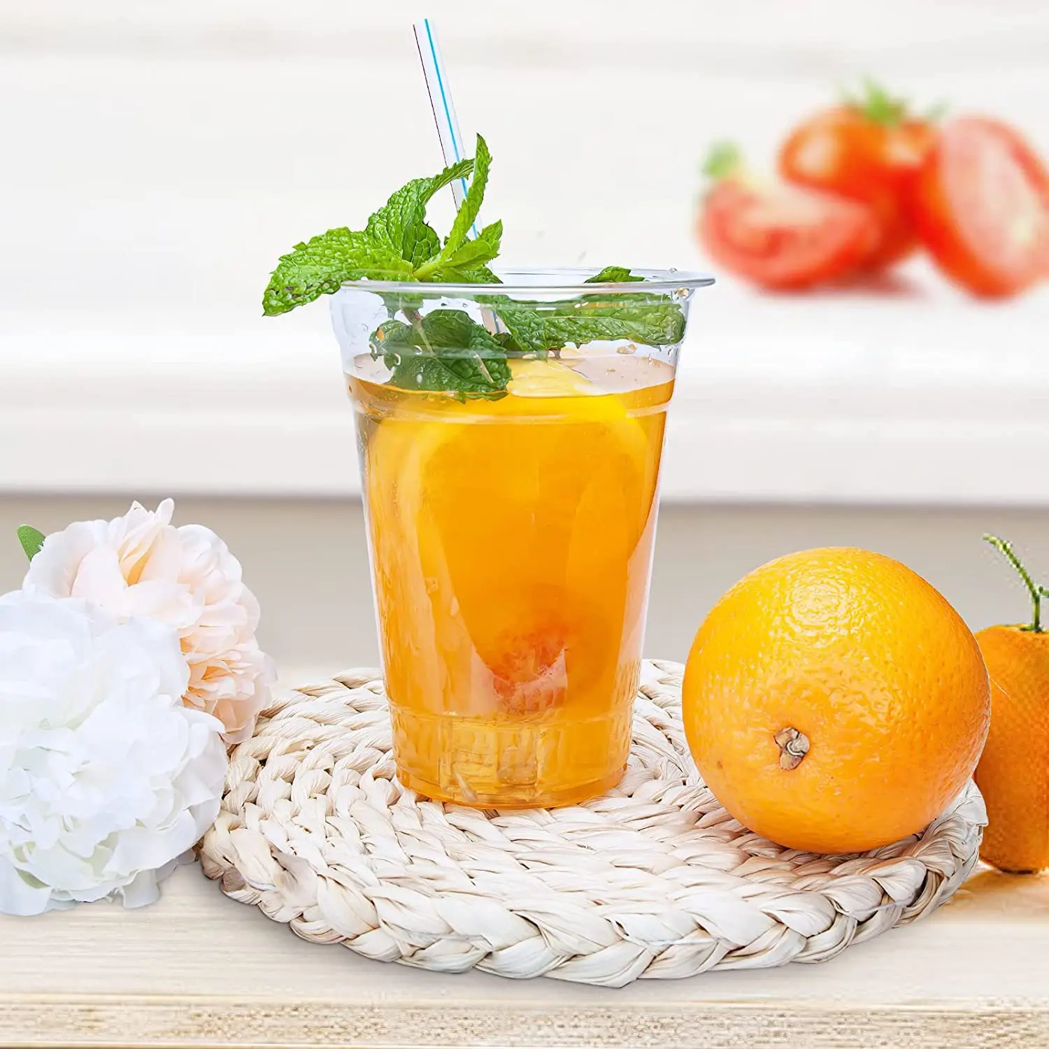 일회용 투명 플라스틱 컵, 구멍 돔 뚜껑, 차 과일 주스, 일회용 컵 식기, 360ml, 380ml, 500ml, 50 개