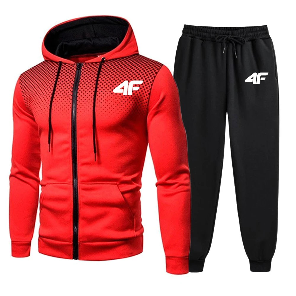Tracksuit set men's print casual round dot zipper jacket + jogging sweatpants 2 piece set daily hooded sweatshirt