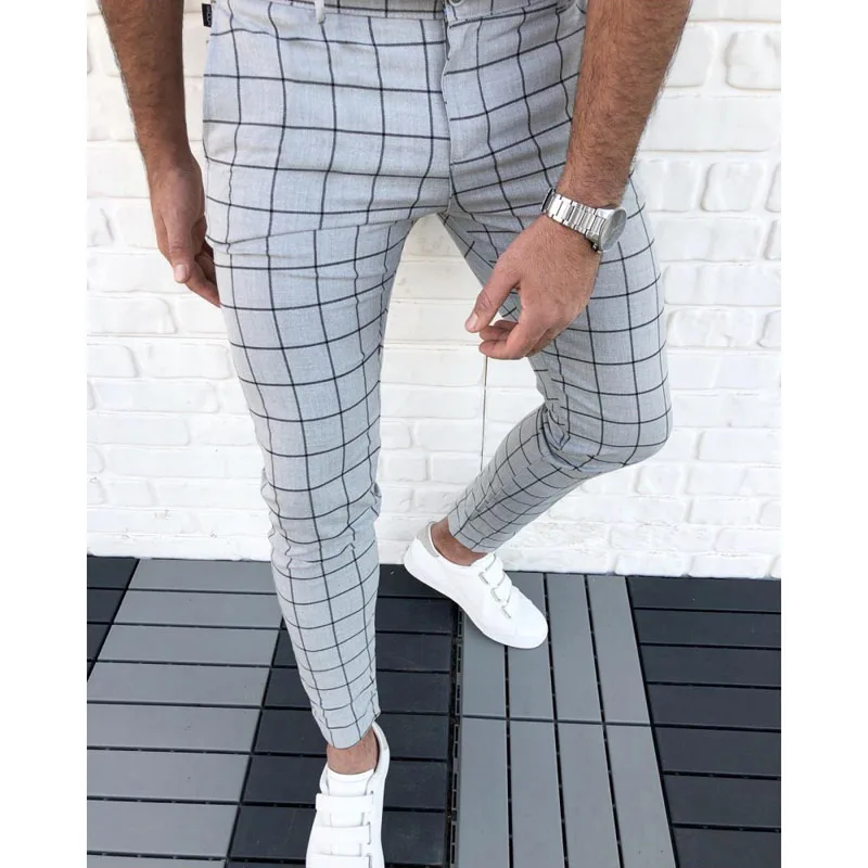 2023 New Spring Men Pencil Pants Fashion Plaid Print Trousers Male Slim Fit Business Clothes Young Men Skinny Pants MY908 2