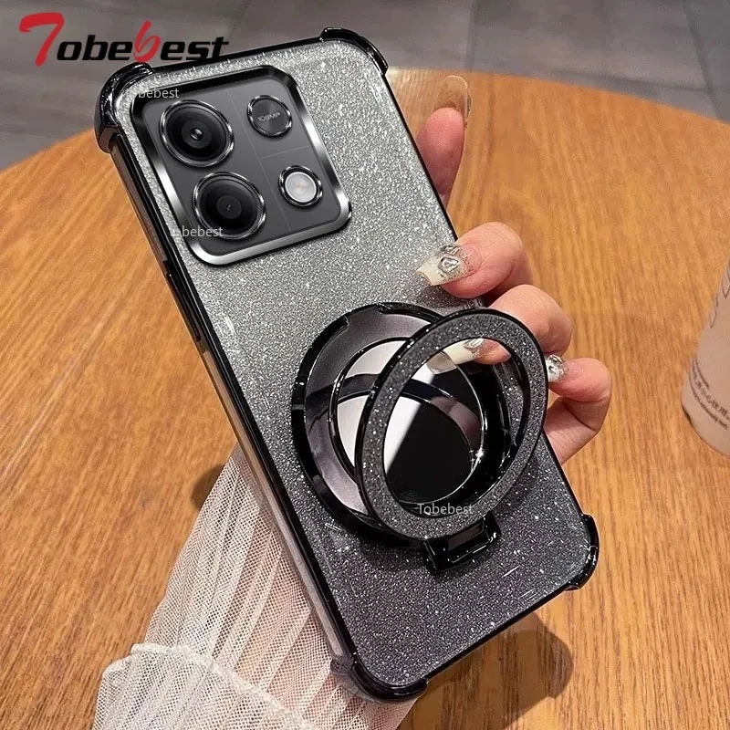 Glitter Shockproof Silicone Case with Mirror Magnetic Holder Stand