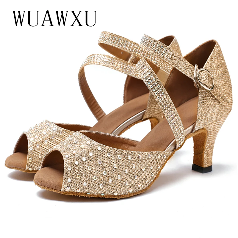 NATASHA2023 Latin Dance Shoes with Diamond Inserted Soft Sole Mid Heel High Heel Fashion Square Social Dance Shoes Sandals
