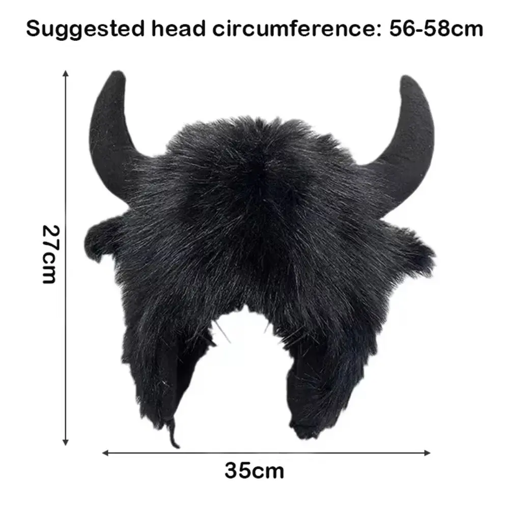 Hochwertiger Unisex-Bullhead-Hut, dicker, flauschiger Bison-Hut, winddicht, mit Hörnern, lustiger Hut – Detail 1