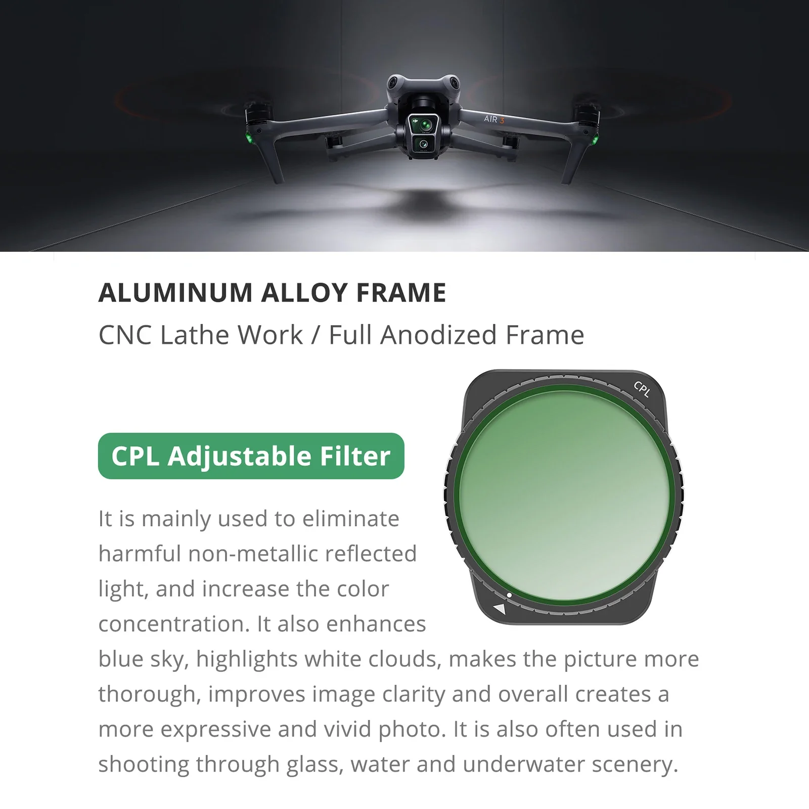 DJI 에어 3 용 UV ND 필터, 조절식 CPL 알루미늄 합금 프레임, 전문 광학 유리, ND8 16 32 64 드론 필터 액세서리
