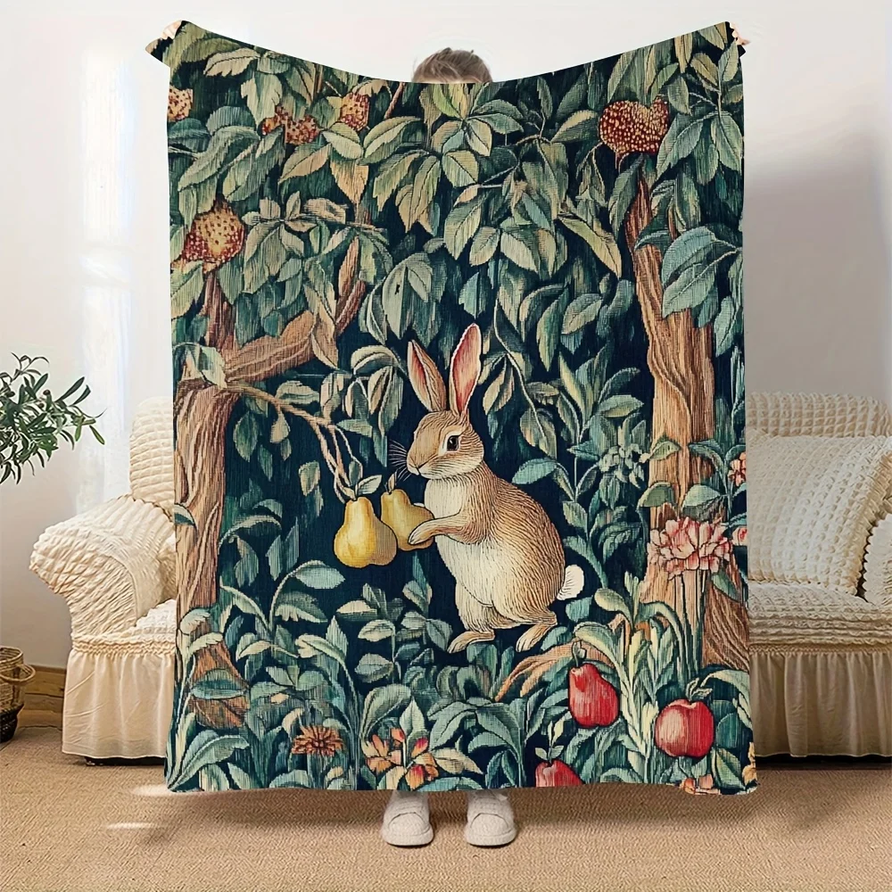 Classic Rabbit and Fruit Pattern Fleece Blanket Botanical Design Soft Warm Throw Boho Interior Decoration Bedding Cover for Home Classic Rabbit and Fruit Pattern Fleece Blanket Botanical Design Soft Warm Throw Boho Interior Decoration Bedding Cover for Home