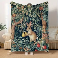 Classic Rabbit and Fruit Pattern Fleece Blanket Botanical Design Soft Warm Throw Boho Interior Decoration Bedding Cover for Home