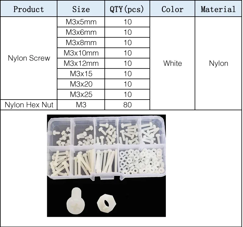 M2 M2.5 M3 M4 M5 M6 White Nylon Phillipis Bolt and Nut Set Plastic Machine Screw Cross Round Head Screw Classification Box Kit