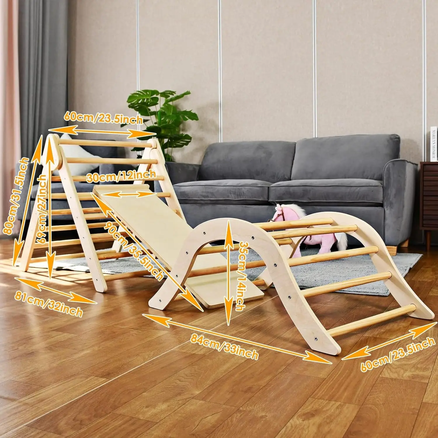 6-in-1 Pikler  Wood Adjustable Triangle Set Wooden Montessori Climbing Set with Ramp Arch Slide and Net Climbing Toys Indoor 2