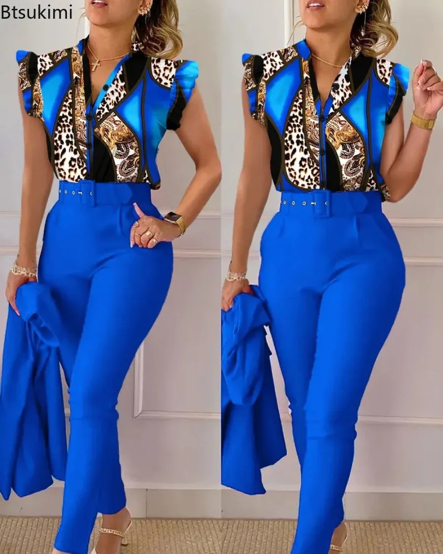 New 2024 Women's Summer Casual Sets 2PCS Printed Lotus Leaf Sleeve Top and Pants Set with Belt Female Suit Sets Outfits Workwear
