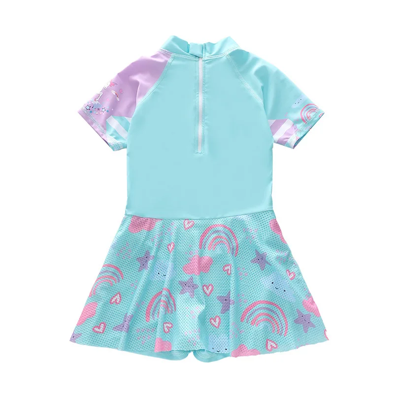 Girl Swimsuit One Piece Unicorn Girls Swimwear Short Sleeve Beach Swim Dress Summer Children Swimming Suit Kids Bathing Clothes