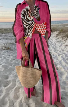 Summer Women New Casual Print Two-piece Set Clothing Seaside Tropical Vacation Style Printed Lapel Shirt + Wide-leg Trousers Set