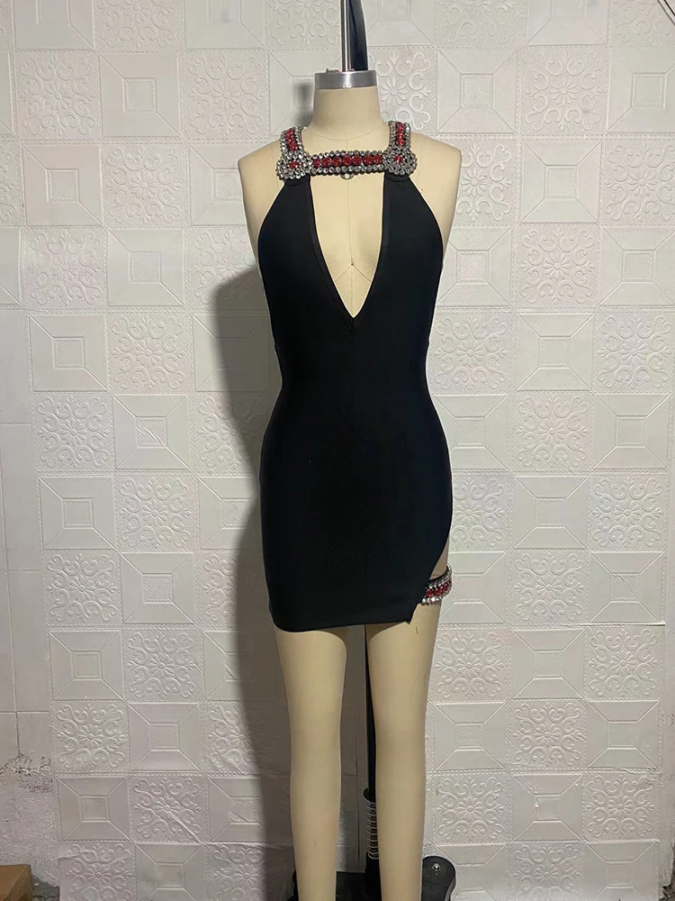 Sexy Deep V Neck Sleeveless Bodycon Bandage Dress Women Elegant Diamond Cutout Design Black Mini Dress Celebrity Club Party Dres
