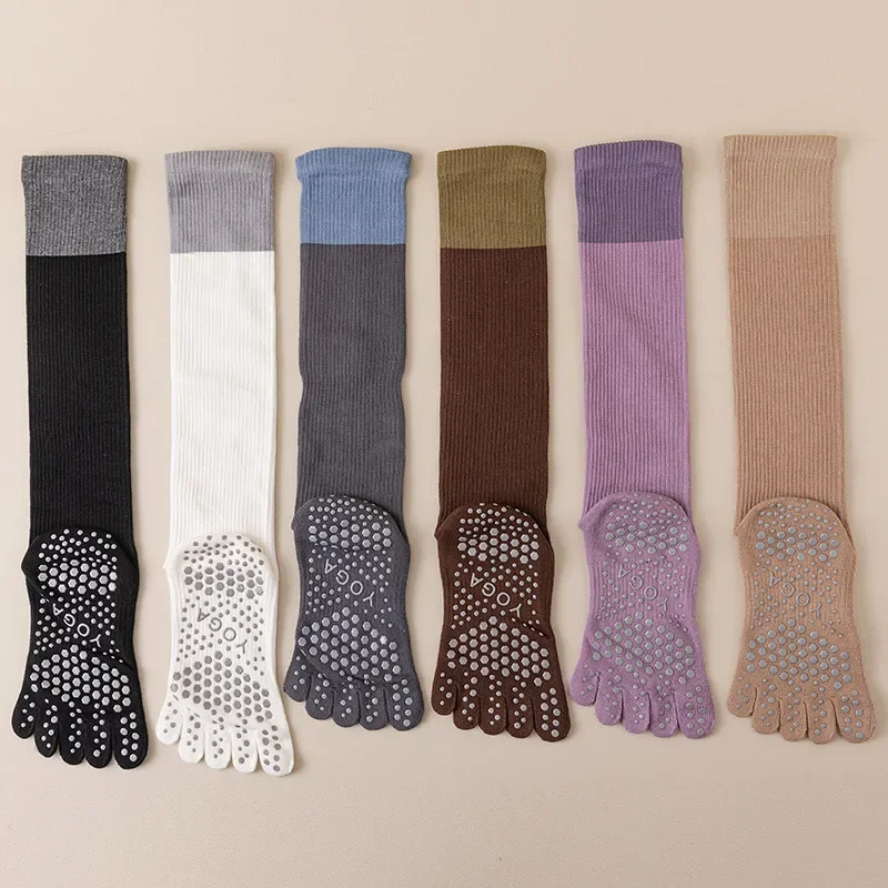 Chaussettes de yoga professionnelles à cinq orteils pour femmes, en silicone, anti-alde, fitness, sport, en coton, couleur unie