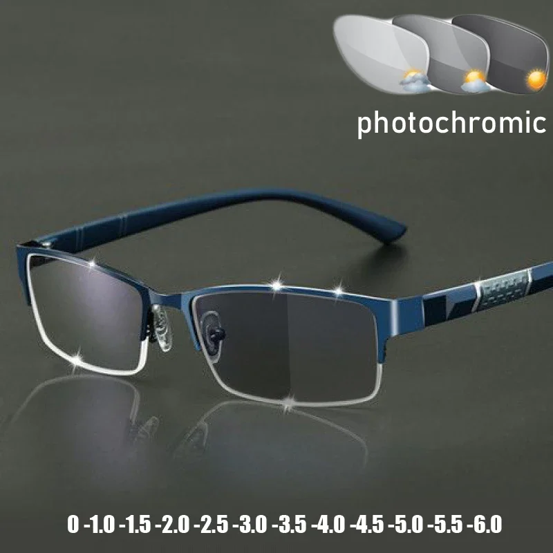 Myopia Glasses Business Men's Photochromic Unisex Half Frame Square Near Sight Eyeglasses Optical Prescription Minus Eyewear