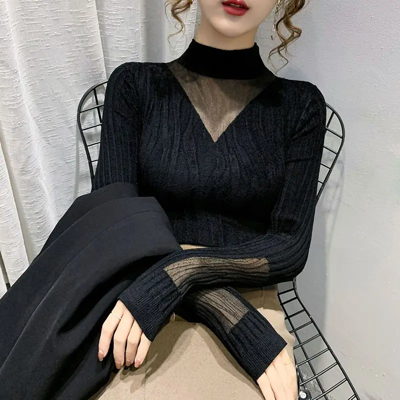 

Women Sexy Tops Blouse Long Sleeves T-shirt Slim Knit Jumper Sweater Pullover Streetwear Korean Turtleneck Shirts Autumn Winter
