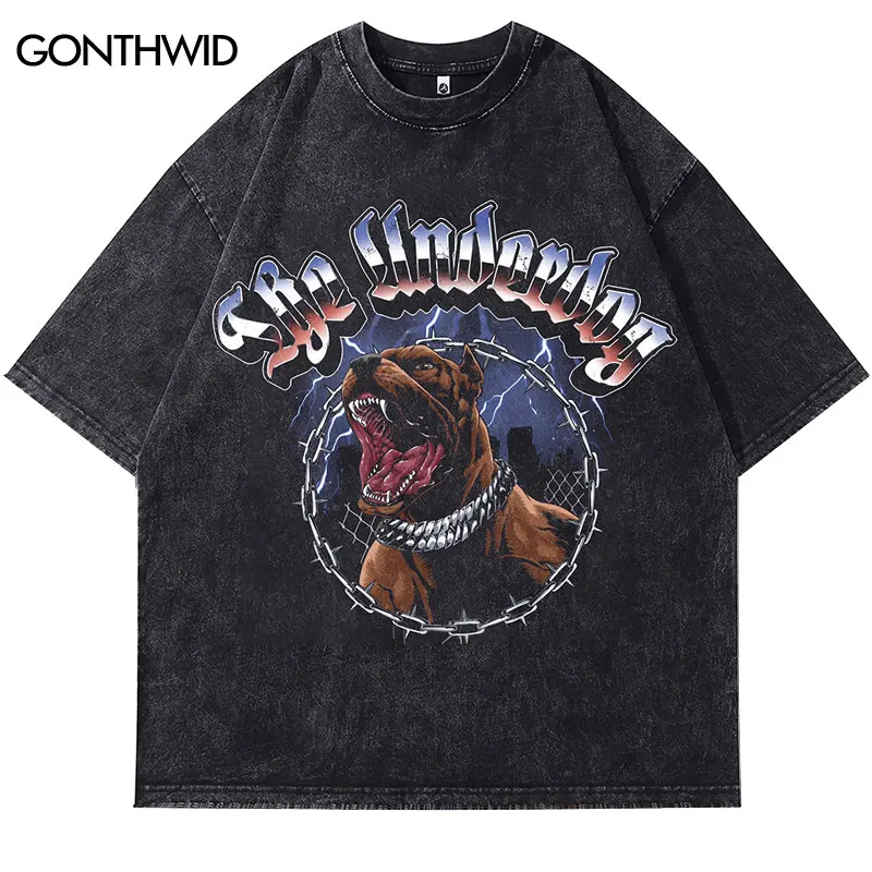 

Hip Hop Black T-Shirt Vintage Pit Bull Dog Graphic Print Washed Tshirt Streetwear Hip Hop Punk Gothic Loose 2024 Harajuku Tops