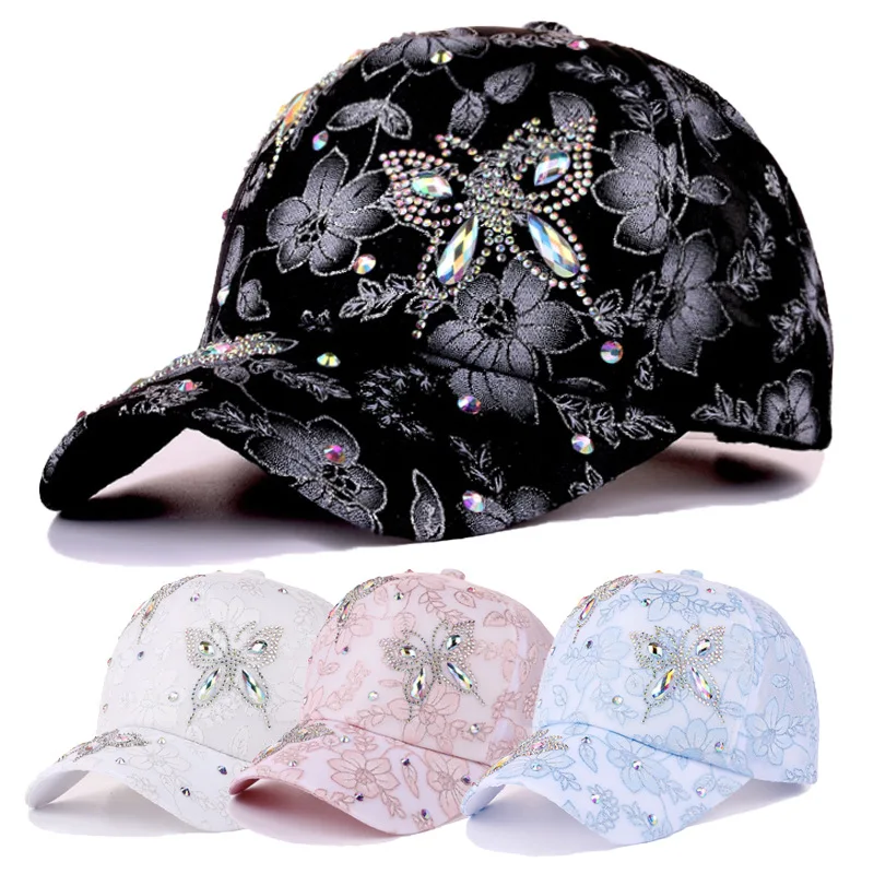 Frauen Baseball Kappe Blume Schmetterling Strass Spitze Atmungsaktive Sonnenschirm Gebogene Krempe Mode Kappe Street Dance Party Casual Neue