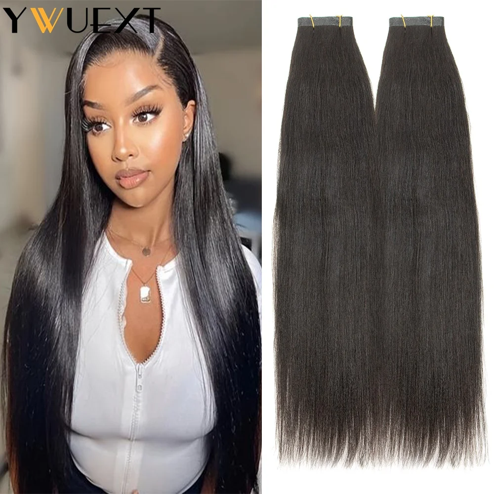Light Yaki Straight Tape Weft Human Hair Extensions 40-50g Long Invisible Hair Bundles Natural Black PU Skin Weft Remy