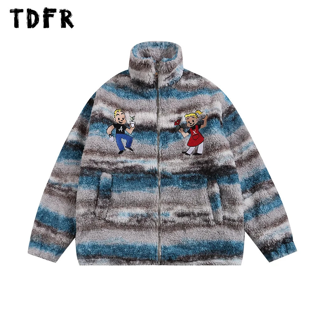 

Embroidery Cartoon Sherpa Quilted Jacket Drawstring Hem Retro Casual Stand Collar Thick Outerwear Men