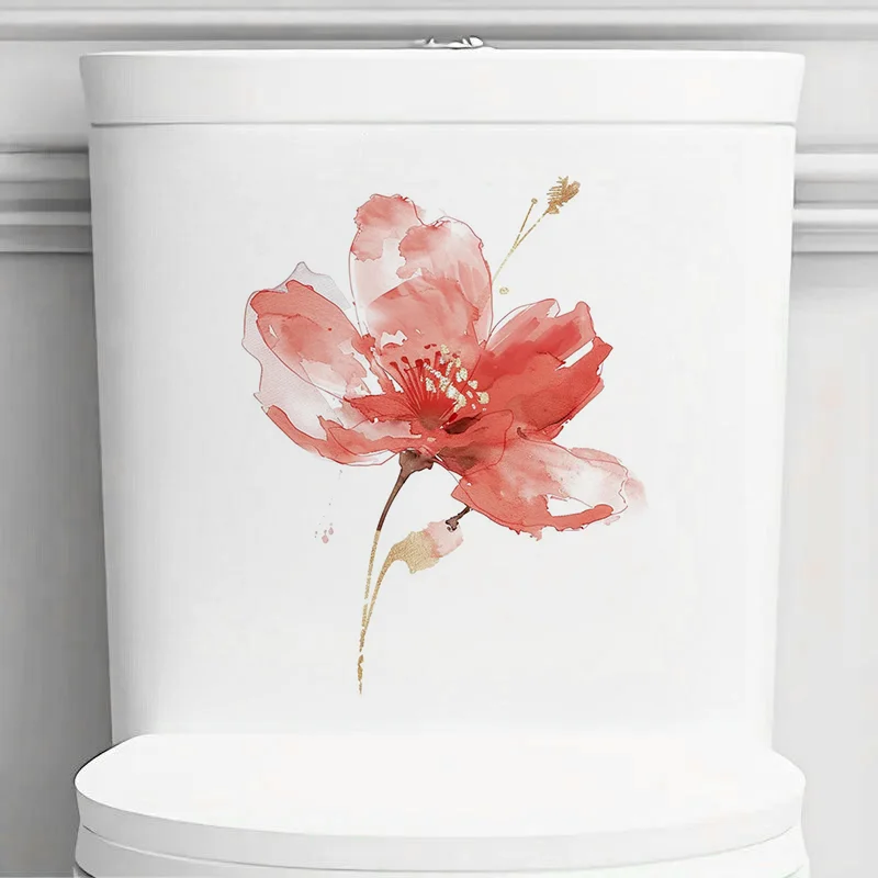 C1144# Red Watercolor Flowers Toilet Stickers Decoration for Living Room Wall Bedroom and Home Decor Car Decals Self-Adhesive