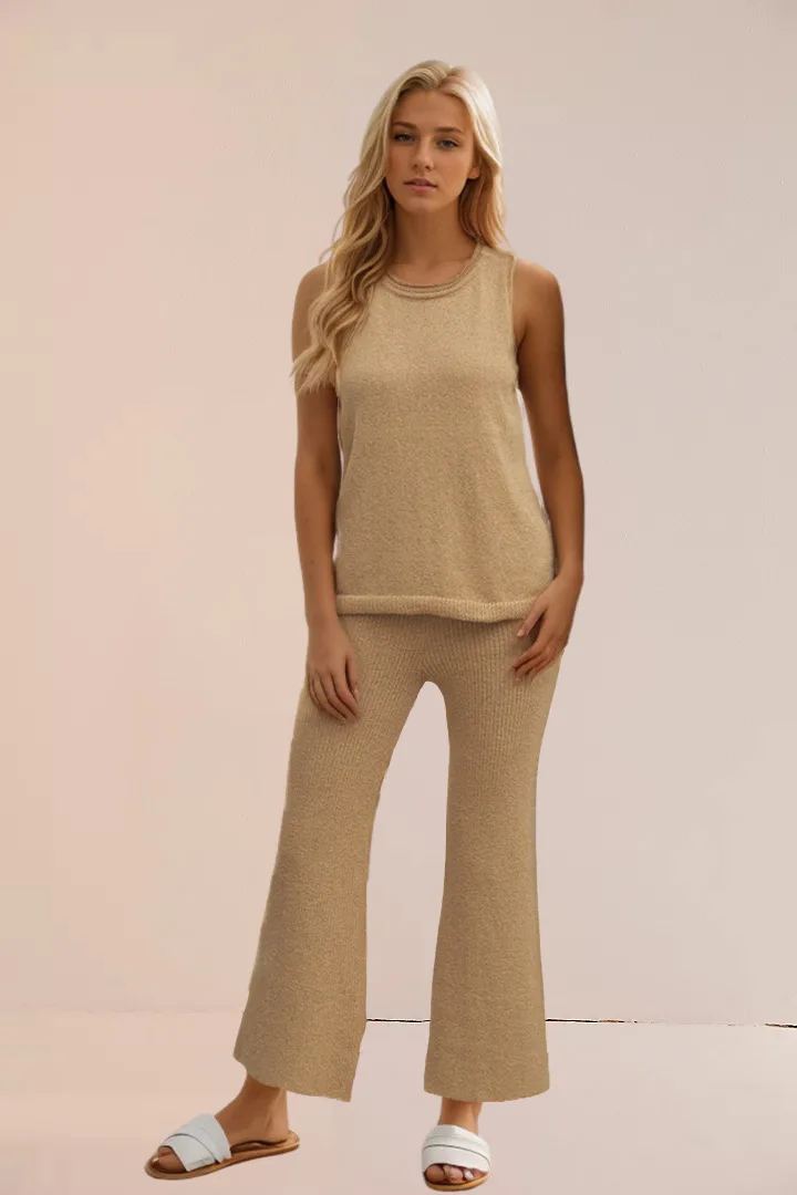 New Solid Color Knitted Leisure Suit Simple Vest Cover Two-piece Female