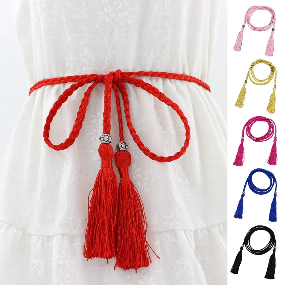 

7PCs Braided Tassel Waist Belt Rope Women Knotted Waist Rope Woven Tassel Thin Belt Decorative Coat Dress Strap Waistbands