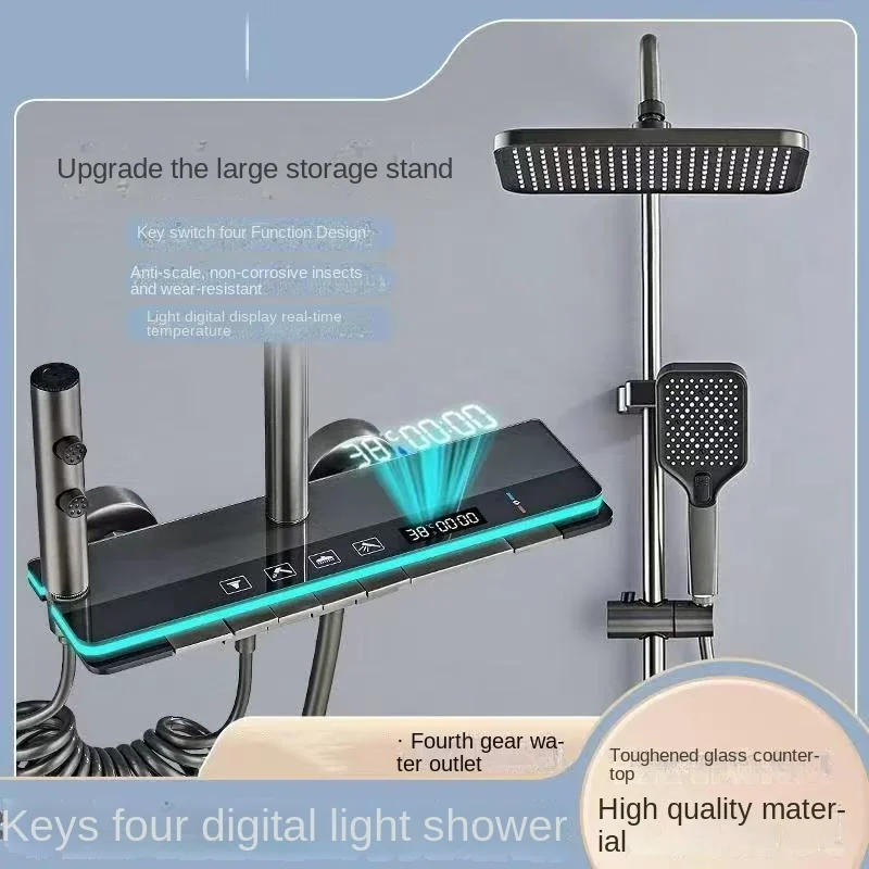 ชุดฝักบัวอุณหภูมิคงที่อัจฉริยะพร้อมตัวเครื่องทองแดง, การผลิตไฟฟ้าพลังน้ำ, ฟังก์ชั่น LED4, ปุ่มเปียโน 1