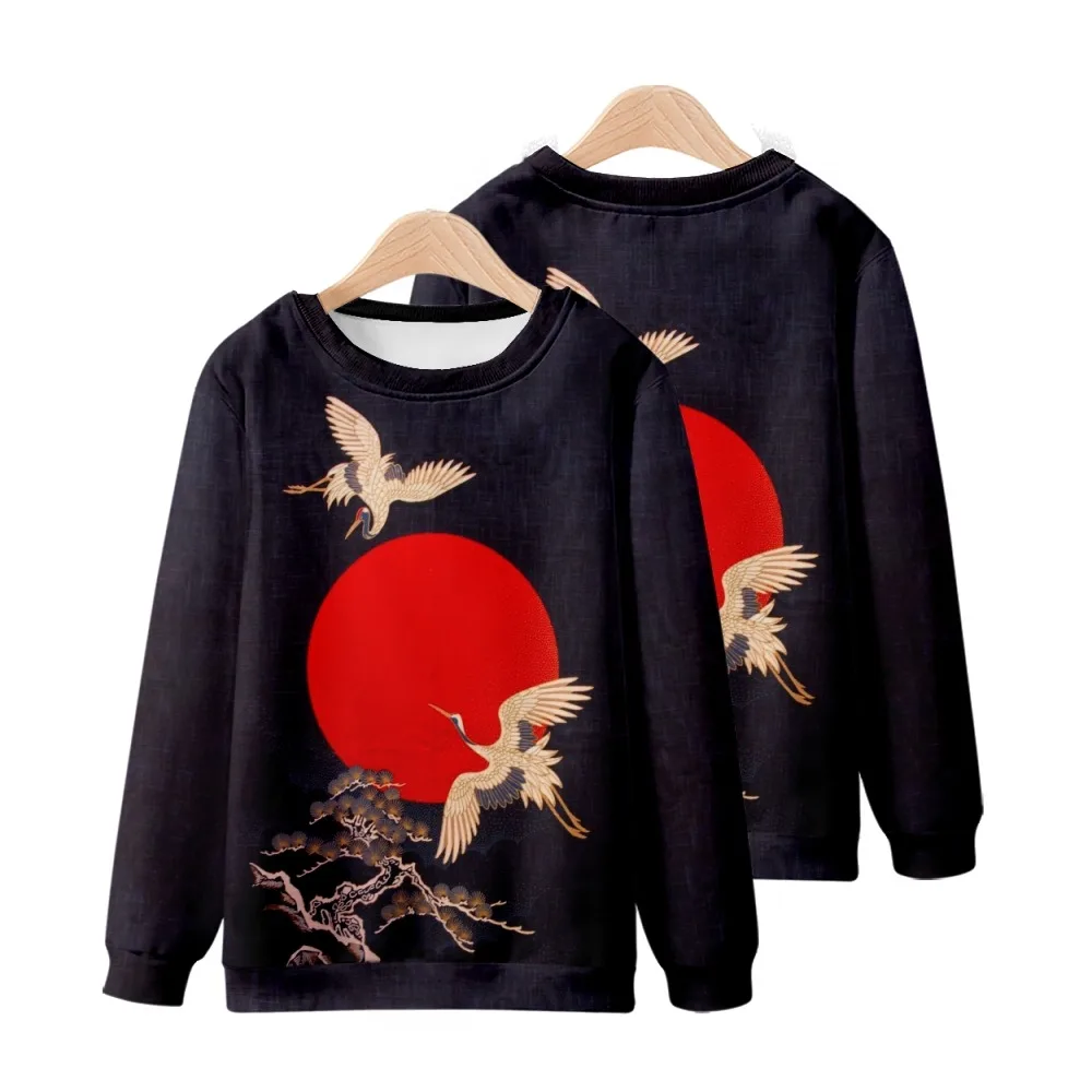 

2022 3D Sunrise Red-crowned Crane Antique Print Casual Retro Men Women Spring Autumn Drop-shoulder Round Neck Sweater Tops