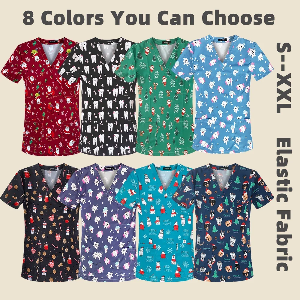 New Santa Scrubs Medical Uniforms Women Men Nurse Accessories Clinical Uniform Dentist Work Blouse Vet Spa Christmas Scrubs Tops