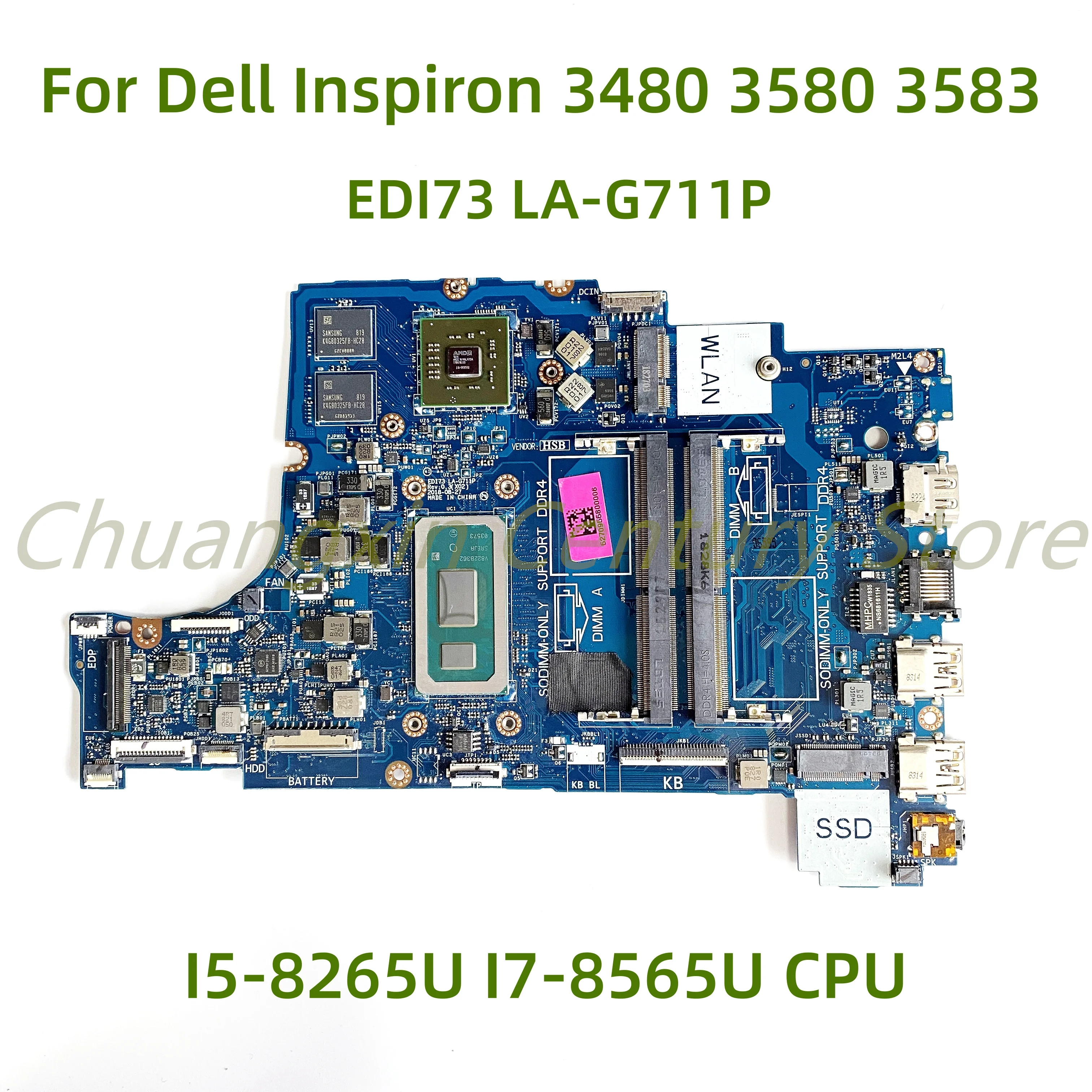 

For Dell Inspiron 3480 3580 3583 3780 Laptop motherboard EDI73 LA-G711P with I5-8265U I7-8565U CPU V2G 100% Tested Full Work