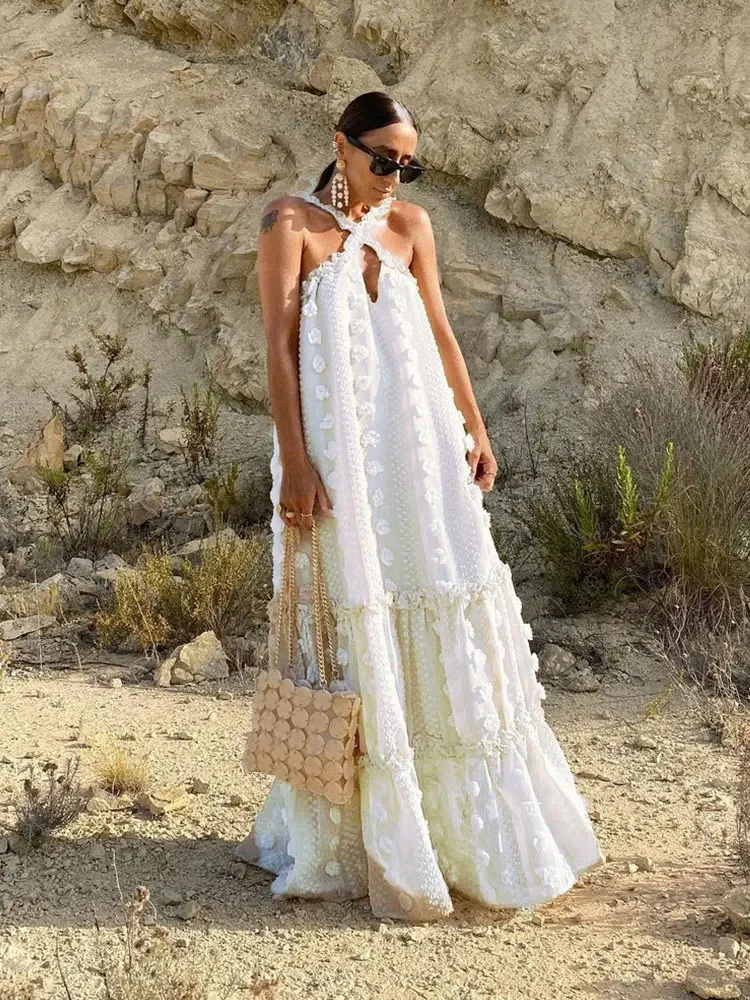 

Three-Dimensional Flower Maxi for Women, White Crochet Dress, Tunic Beach Dresses, Cover Ups for Swimwear, Summer, 2024