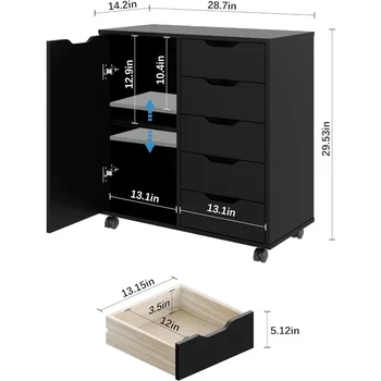 5-Drawer Chest With 1 Door Mini Dressing Table for Bedroom Wooden Chest of Drawers Storage Dresser Cabinet With Wheels Closet 3