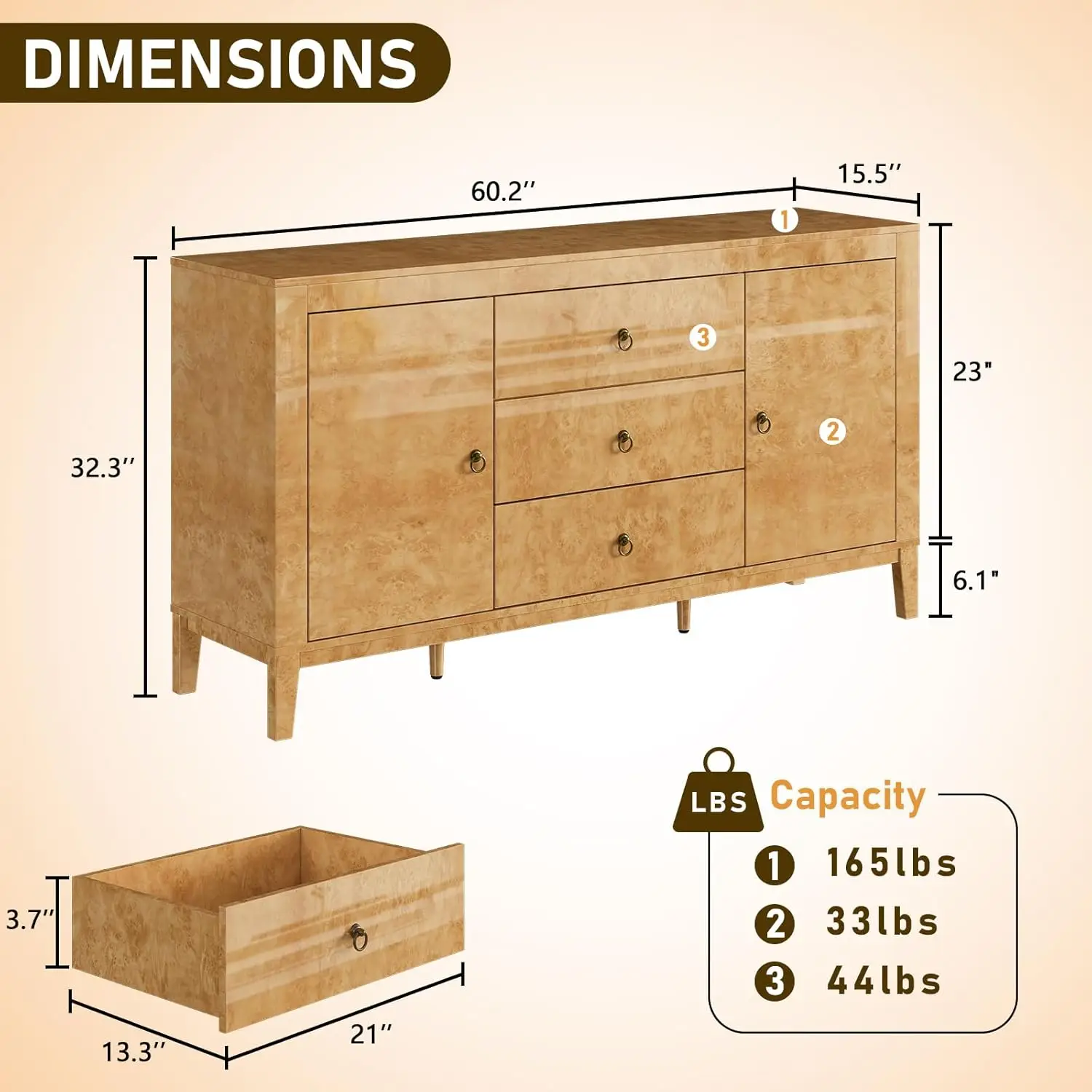 High Gloss Sideboard Buffet Burl Wood 60'' Cabinet Buffet Table with 3 Drawers & 2 Closed Storages, Mid-Century Modern Sideboard 3