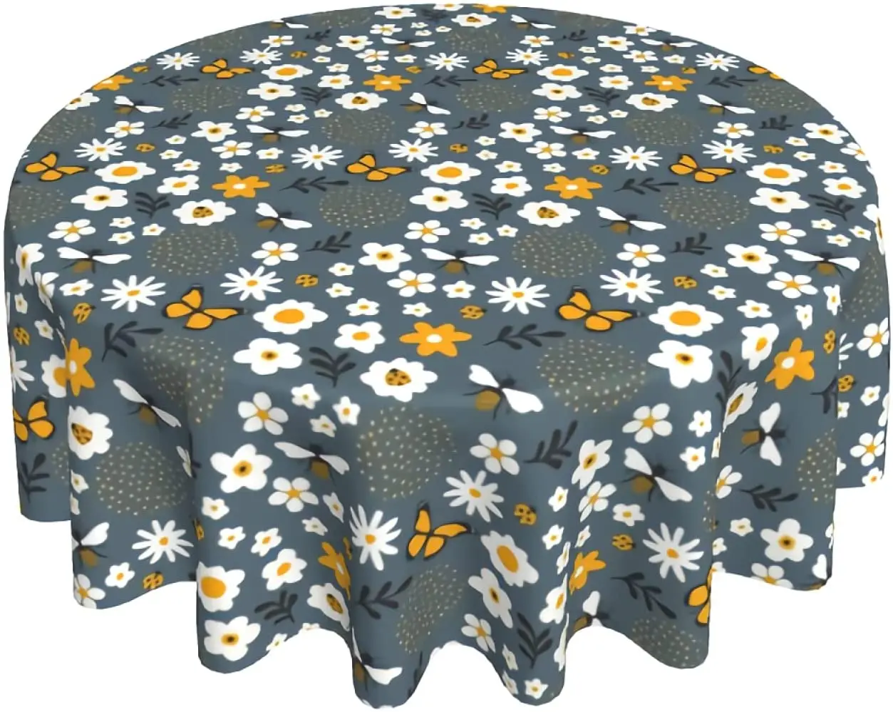 

Cartoon Childish Cute Flowers and Bugs Round Tablecloth Circular Table Cover Decorative for Dining Room 60 Inch