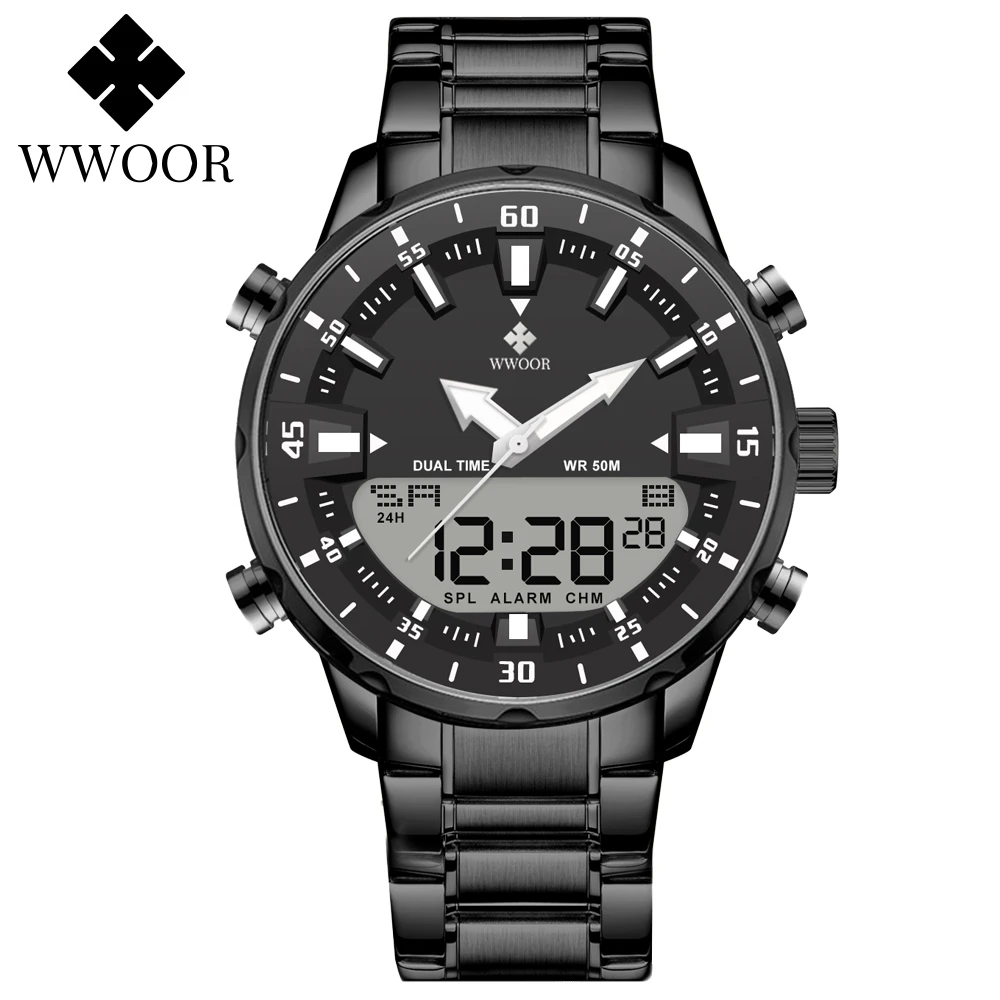 WWOOR Fashion Men's Watches Luxury Original Quartz Digital Analog Sport Military Wrist Watch For Man Waterproof Steel Male Clock new original module cs1w ad081 v1 plc i o 8 input analog input units