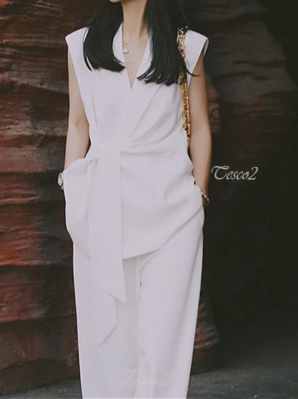 Tesco Spring Women's Elegant Pant Sets Western Sleeveless Suit Vest Wide Leg Pants 2 PCS For Wedding Party Casual Summer Outfits